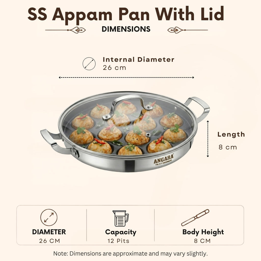 Triply - Appam Patra with Glass Lid - 14 Pit - Even Heat Distribution